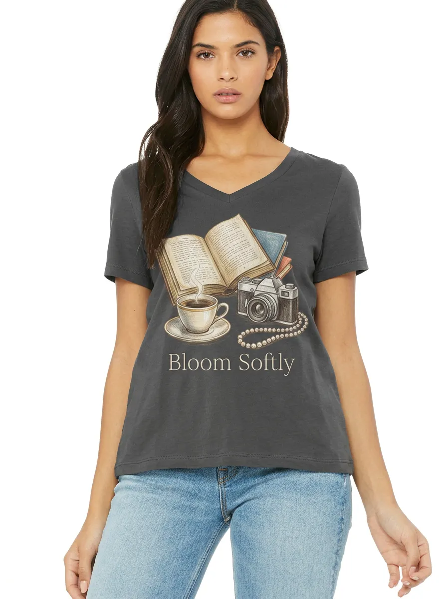 Women's Book Lover Coffee Camera Bloom Softly Printed V-neck T-shirt