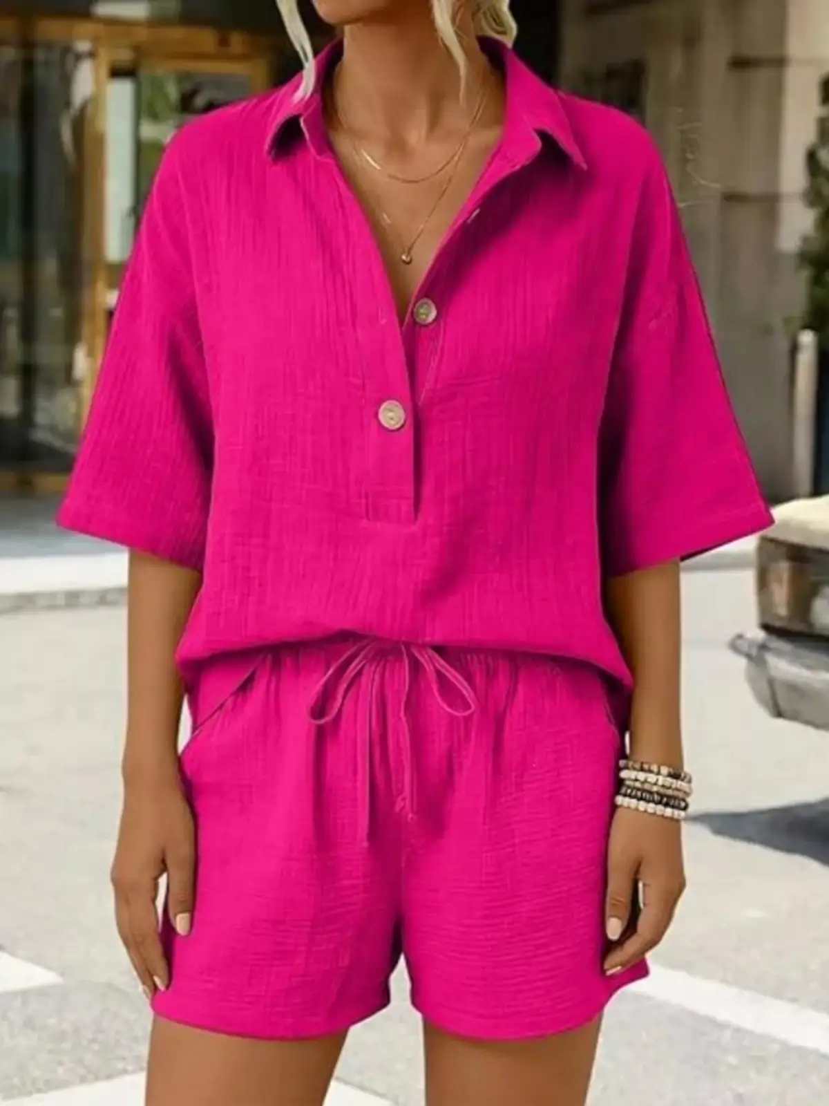 Drawstring Button-Front Linen Top and Shorts Matching Set