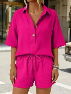 Drawstring Button-Front Linen Top and Shorts Matching Set