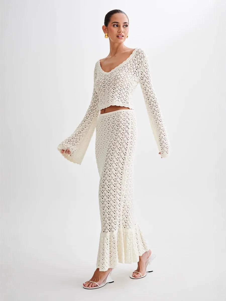 Oceane Resort Style Long-Sleeved Knitted Openwork Two-Piece Set