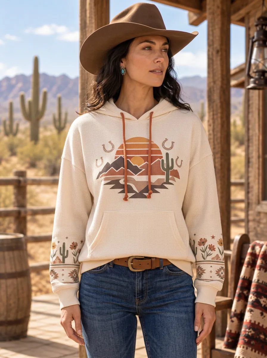 Women's Western Desert Sunset Cactus Printed Hoodie