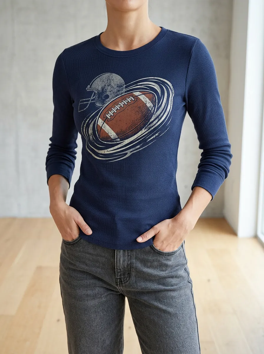 Women's Football Fan Helmet Ball Graphic Printed Thermal Long Sleeve Top