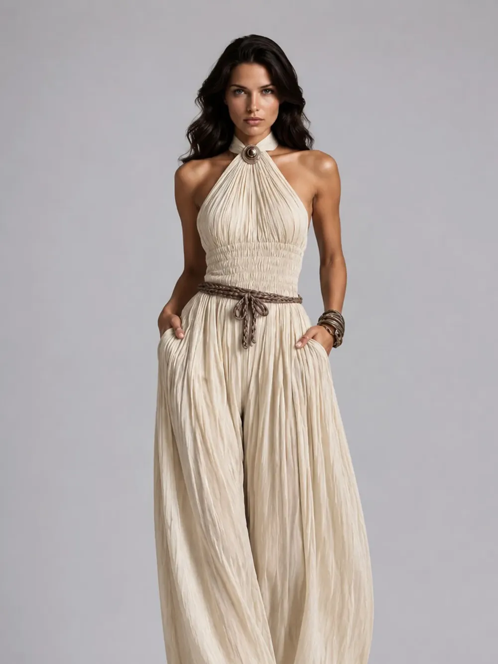 Taylor Pleated Halter-Neck Wide-Leg Jumpsuit
