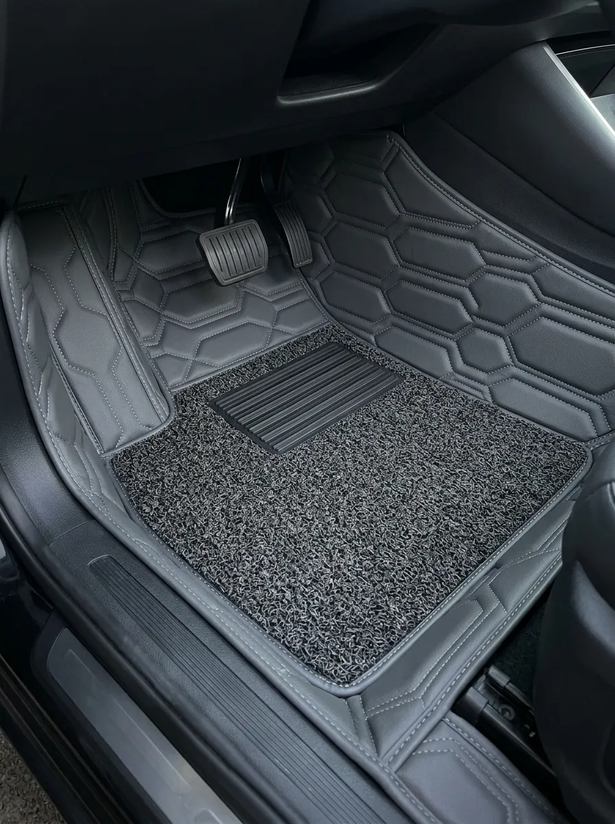 Hexagon Pattern Stitched Detail Leather-Texture Car Floor Mat