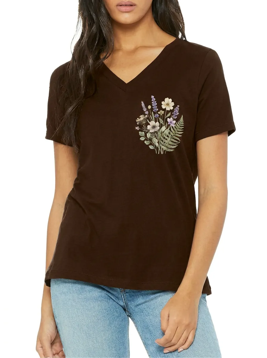 Women's Botanical Nature Lover Wildflower Bouquet Printed V-neck T-shirt