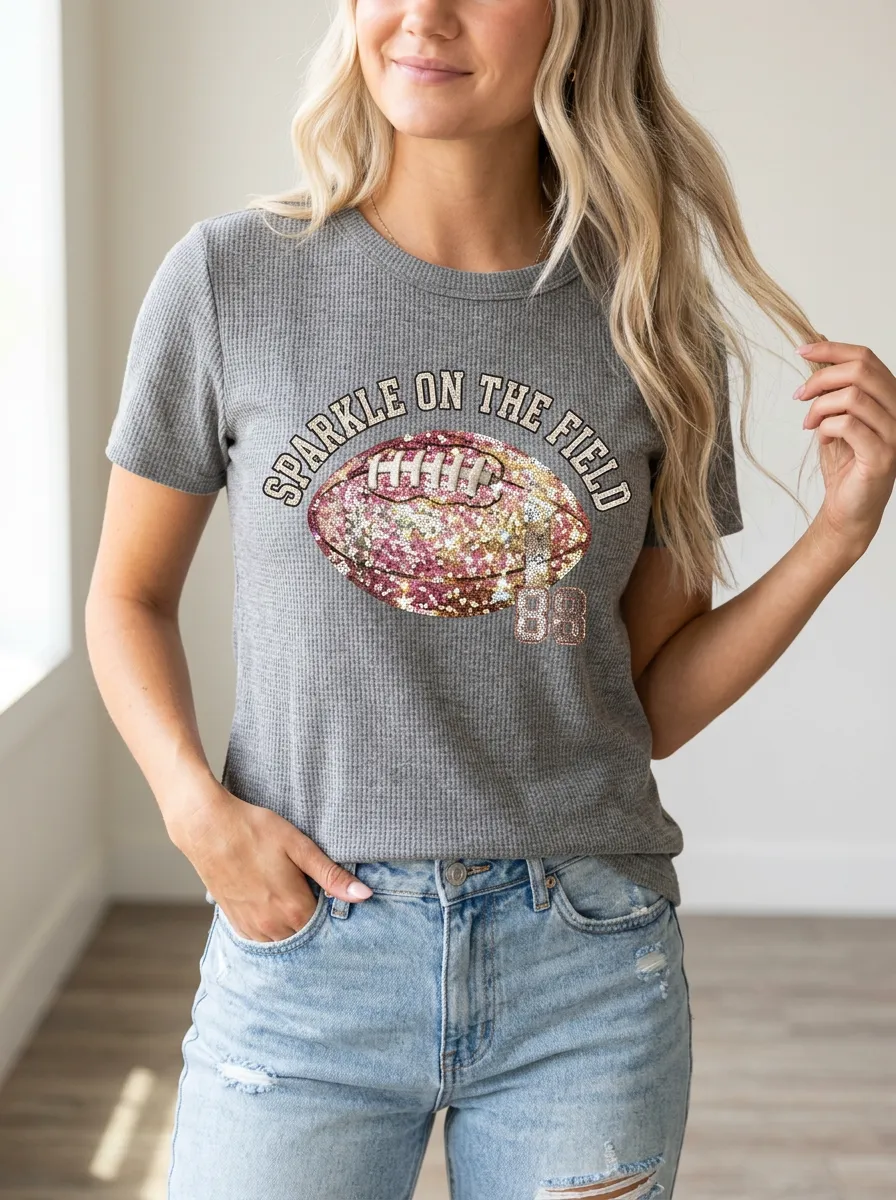 Women's Football Fan Sparkle On The Field Glitter Printed T-shirt
