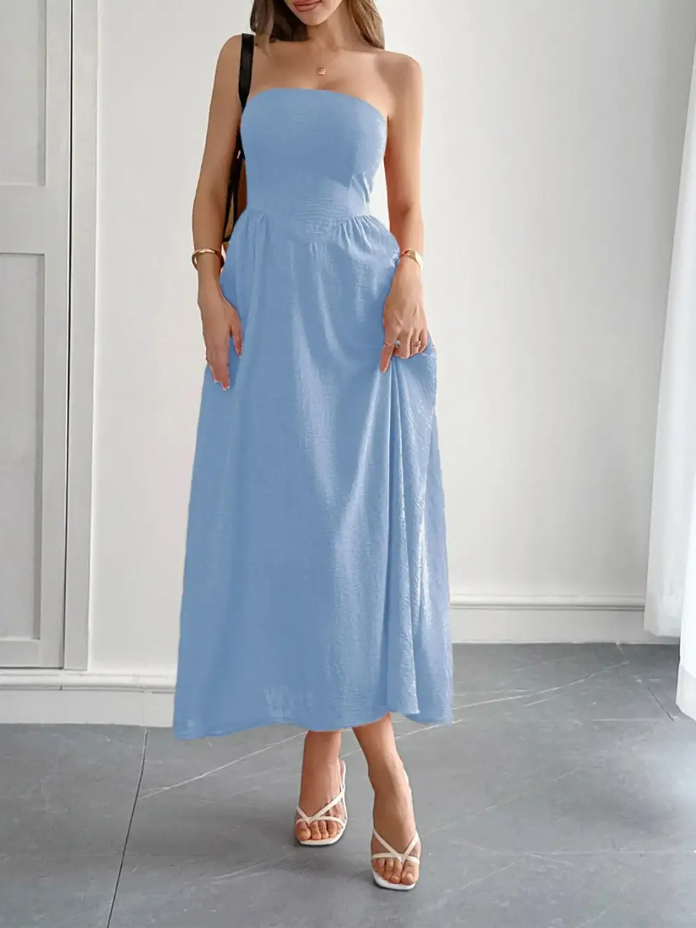Strapless A-Line Midi Dress With Pockets