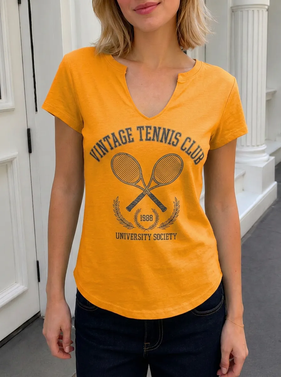 Women's Vintage Tennis Club Racket Printed V-neck T-shirt