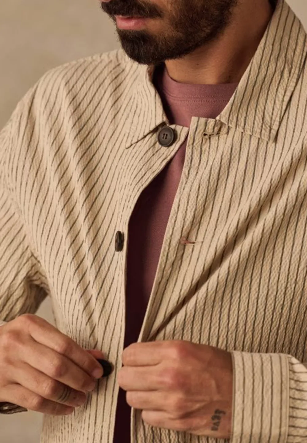 Beige Green Stripe Seersucker Casual Chore Jacket