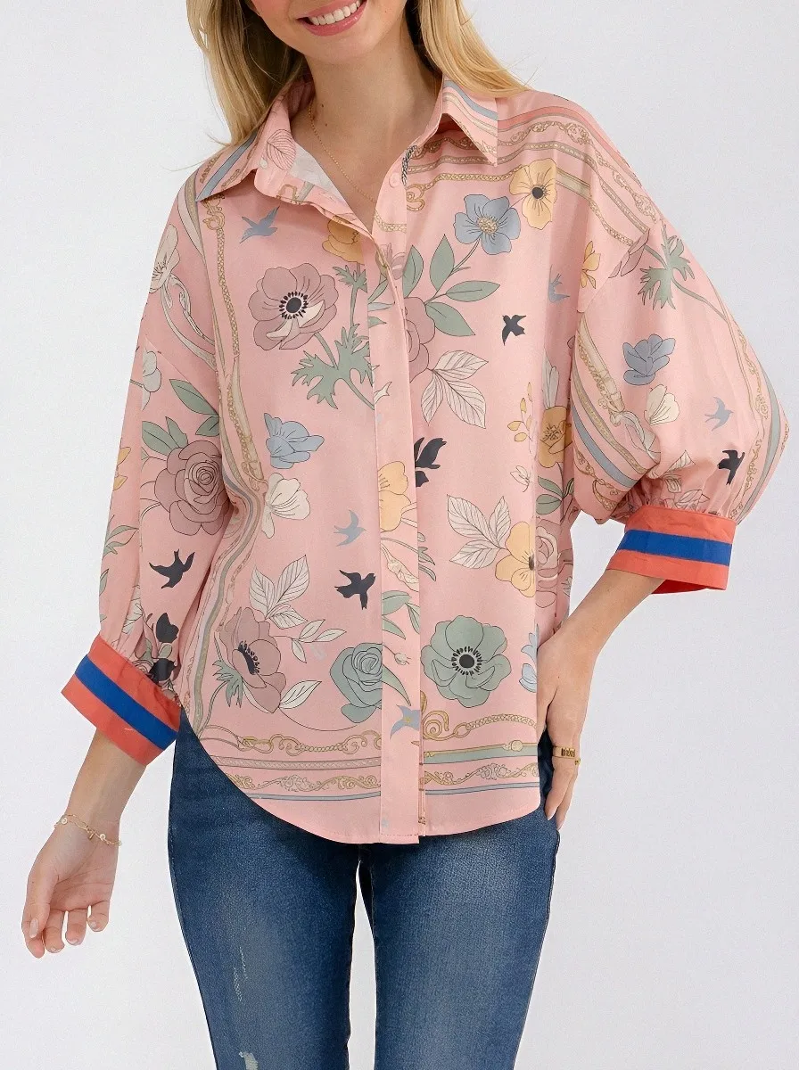 Women's Floral Bird Chain Print Contrast Cuff Button-Down Shirt