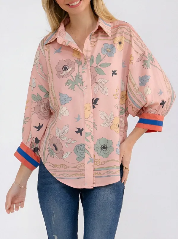 Women's Floral Bird Chain Print Contrast Cuff Button-Down Shirt