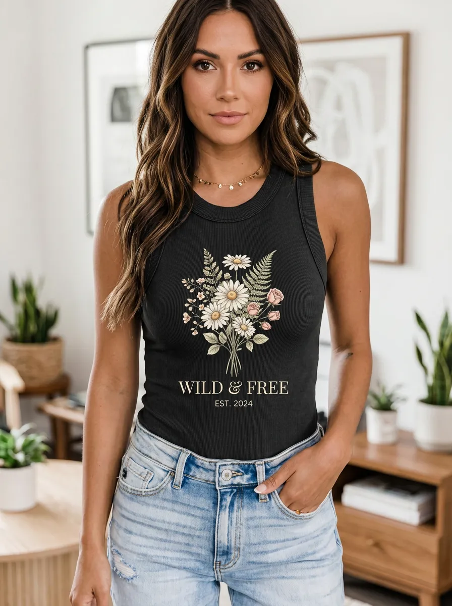 Women's Wild & Free Daisy Floral Bouquet Printed Ribbed Tank Top