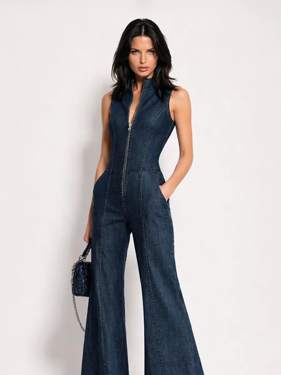 Ariana Sleeveless High-Neck Denim Jumpsuit