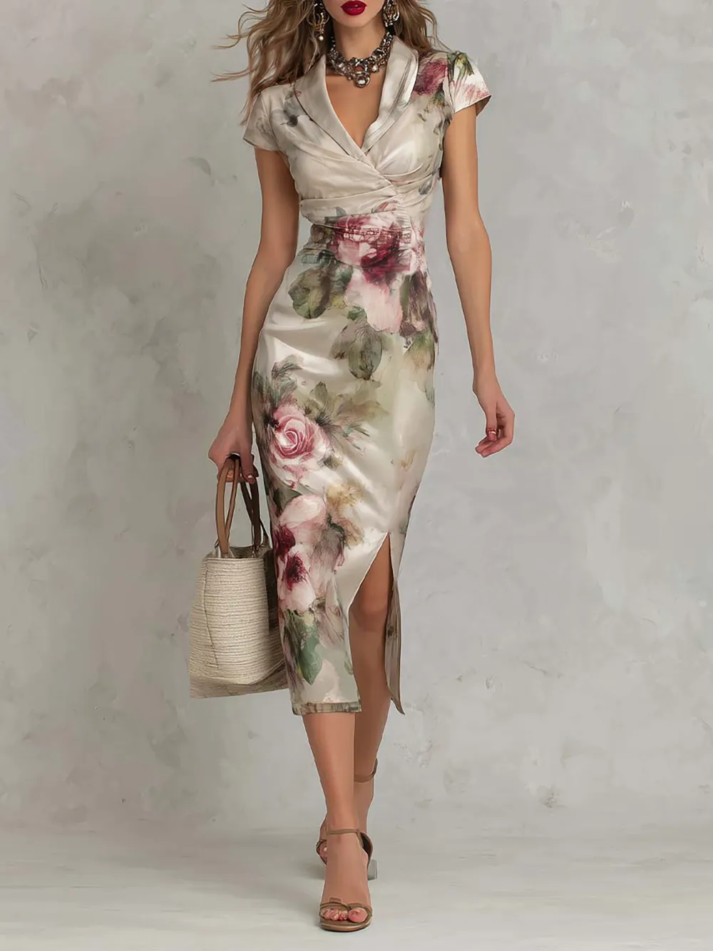 Satin Floral Print Ruched Midi Dress With Side Slit