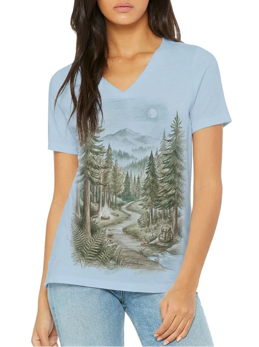 Women's Camping Nature Lover Mountain Forest Printed V-neck T-shirt