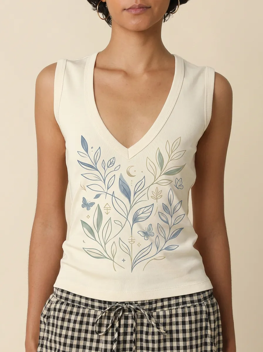 Women's Botanical Nature Lover Butterfly Leaves Printed Tank Top