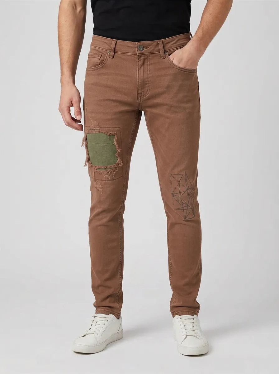 Men's Distressed Patchwork Geometric Graphic Slim-Fit Jeans