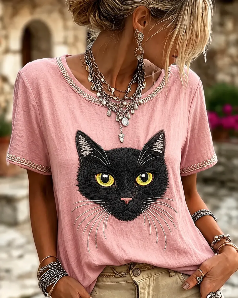 Women's Vintage Black Cat Face Art Linen Round Neck Short Sleeves Top