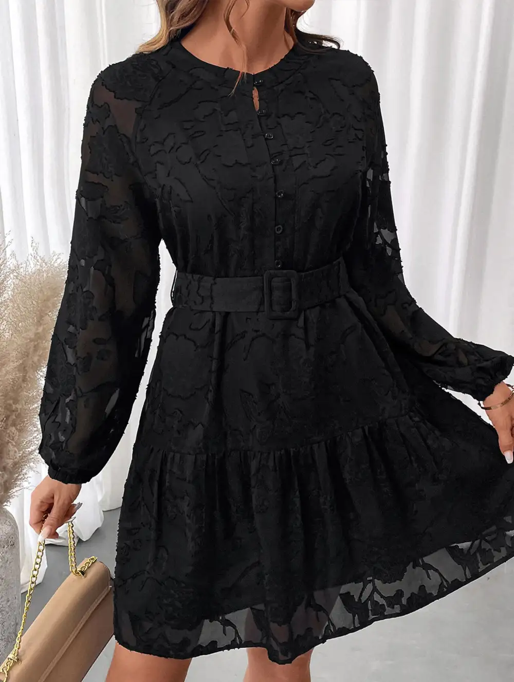 Jacquard Long Sleeve Mini Dress