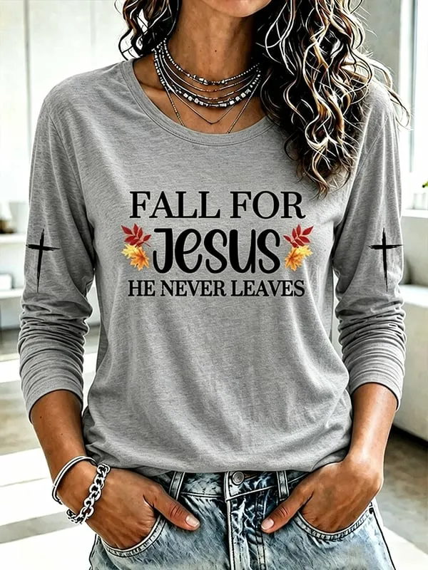 Women's Rhinestone Fall Leaf Cross Long Sleeve Casual Tee