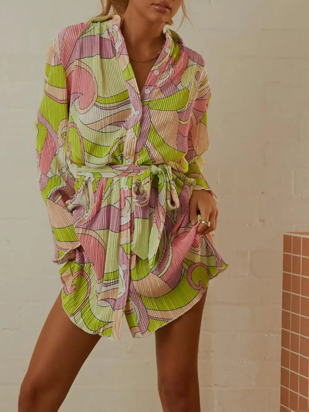 Long-Sleeve Cotton Printed Mini Dress
