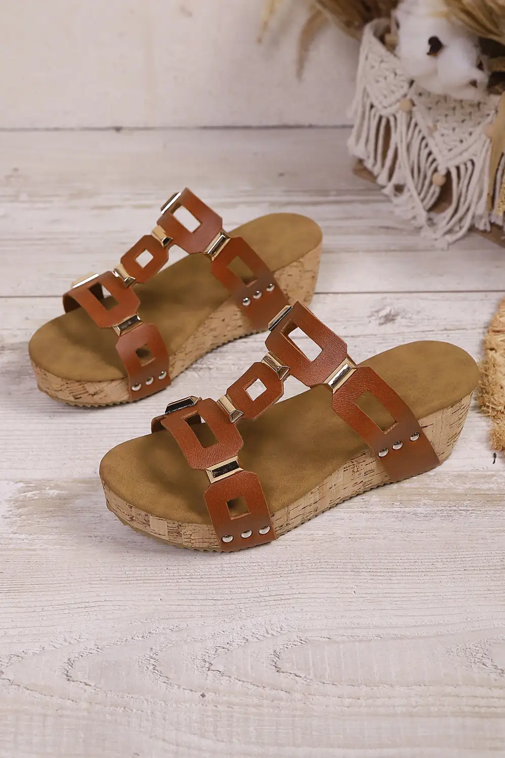 Leather Wedge Platform Slippers