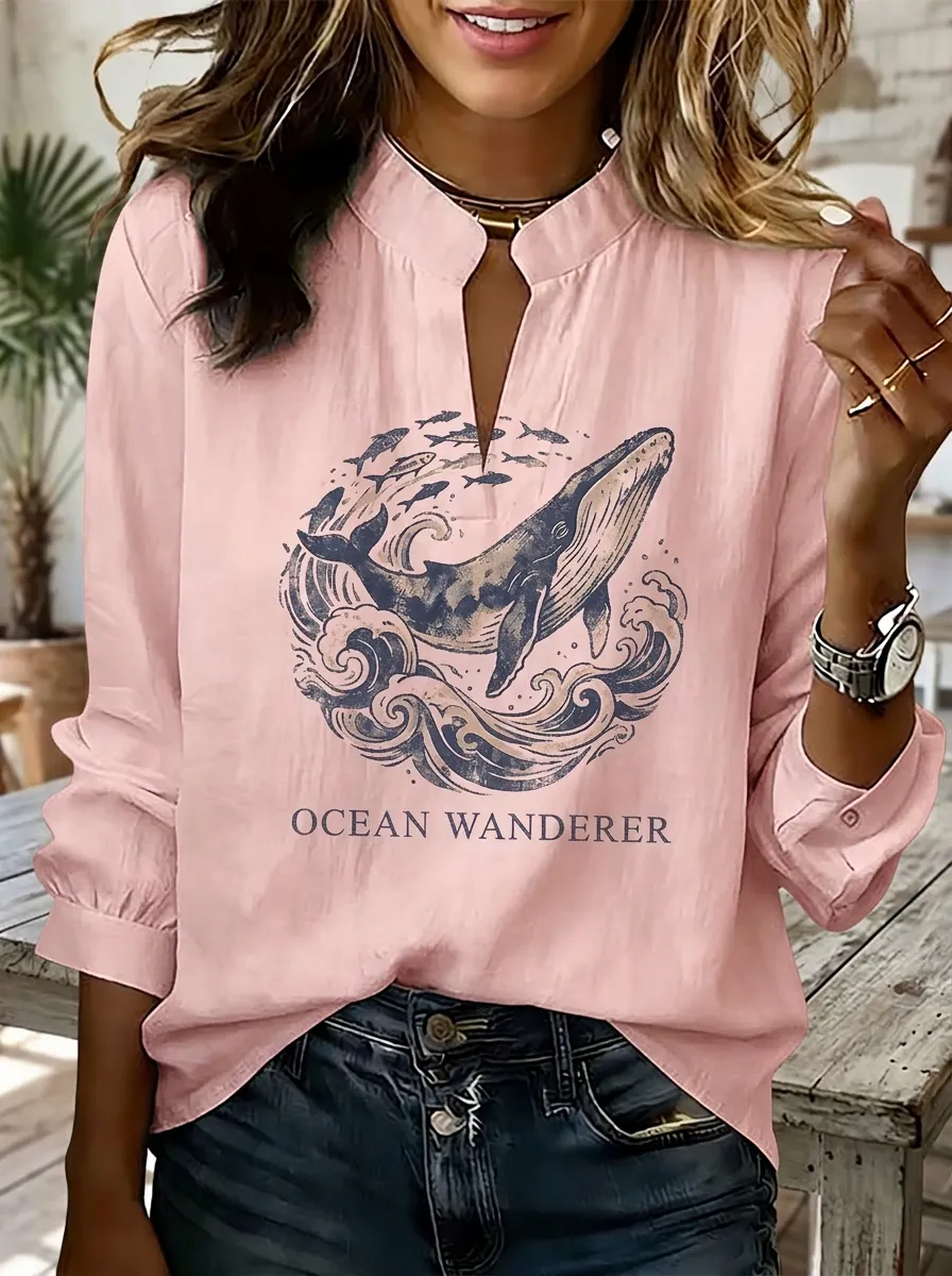 Women's Ocean Lover Whale Waves Printed V-neck Top