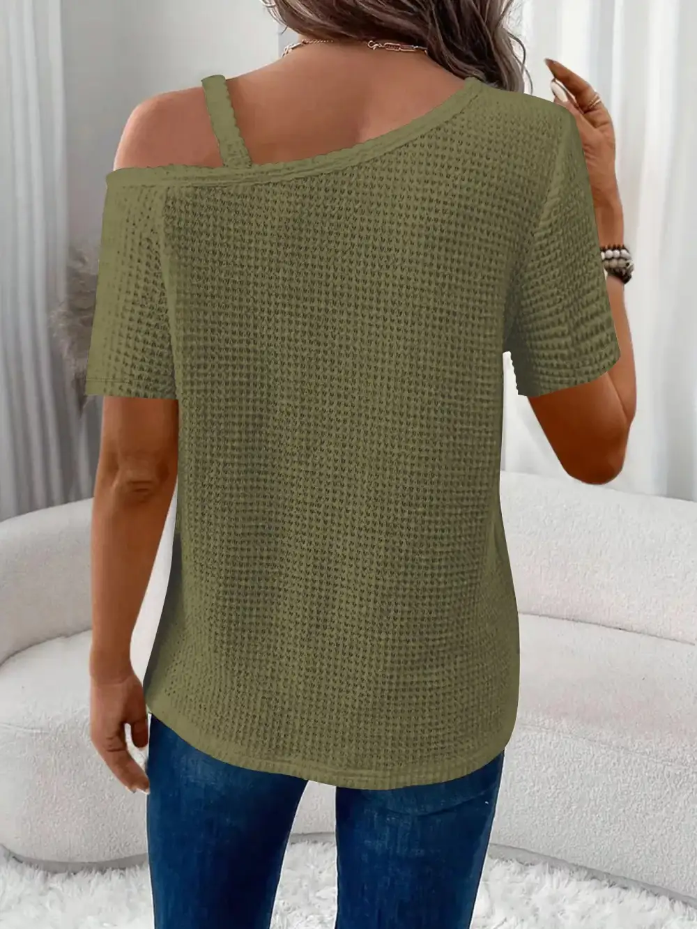 One Shoulder Chain Detail Waffle Knit Blouse