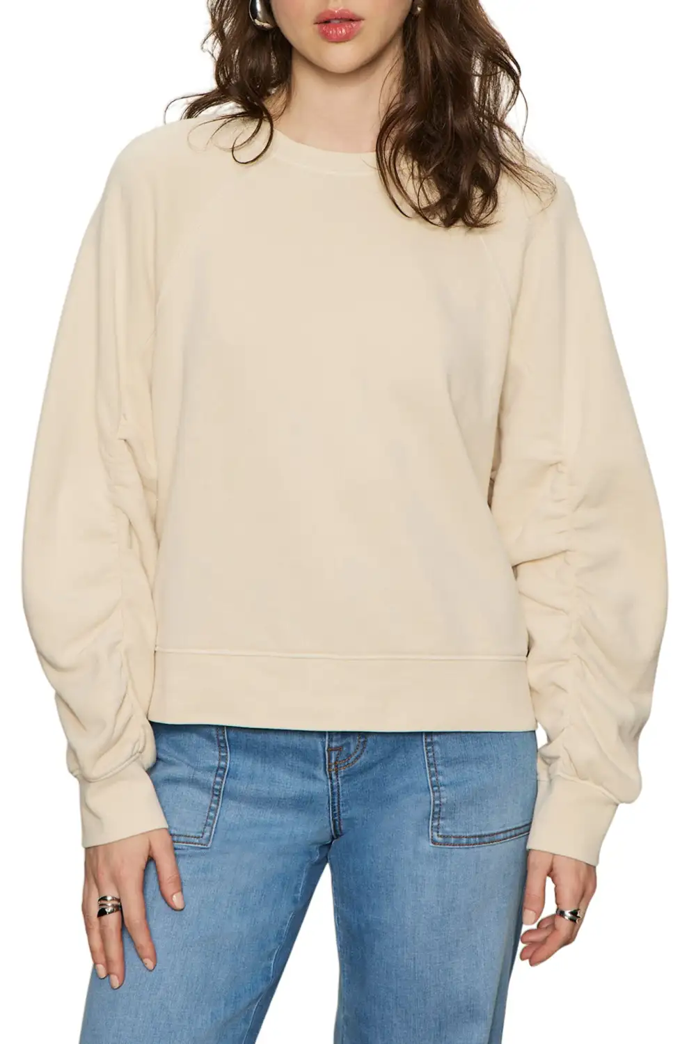 Ribbed Ruched Shirred Relaxed Sweatshirt