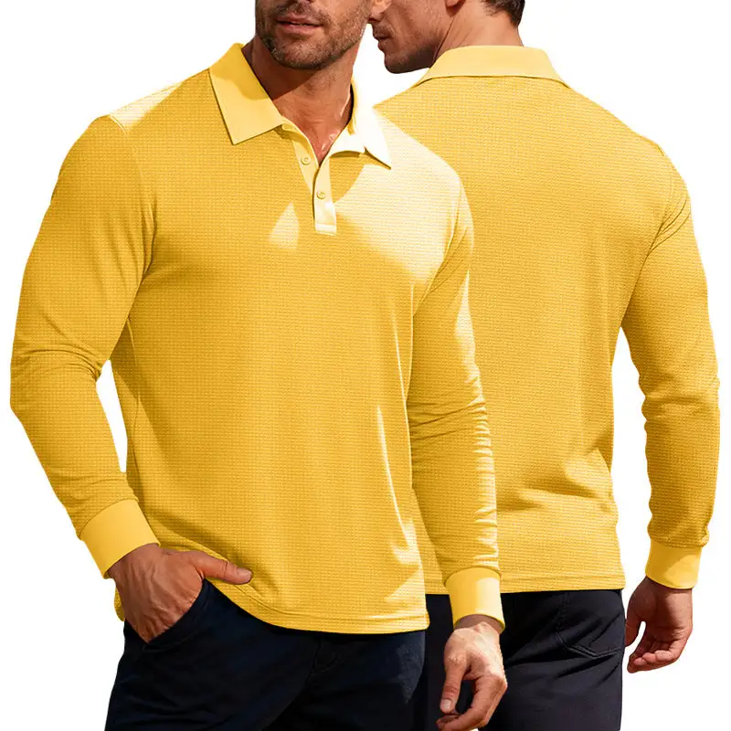 Waffle Texture Button Placket Long Sleeve Slim Fit Polo Shirt