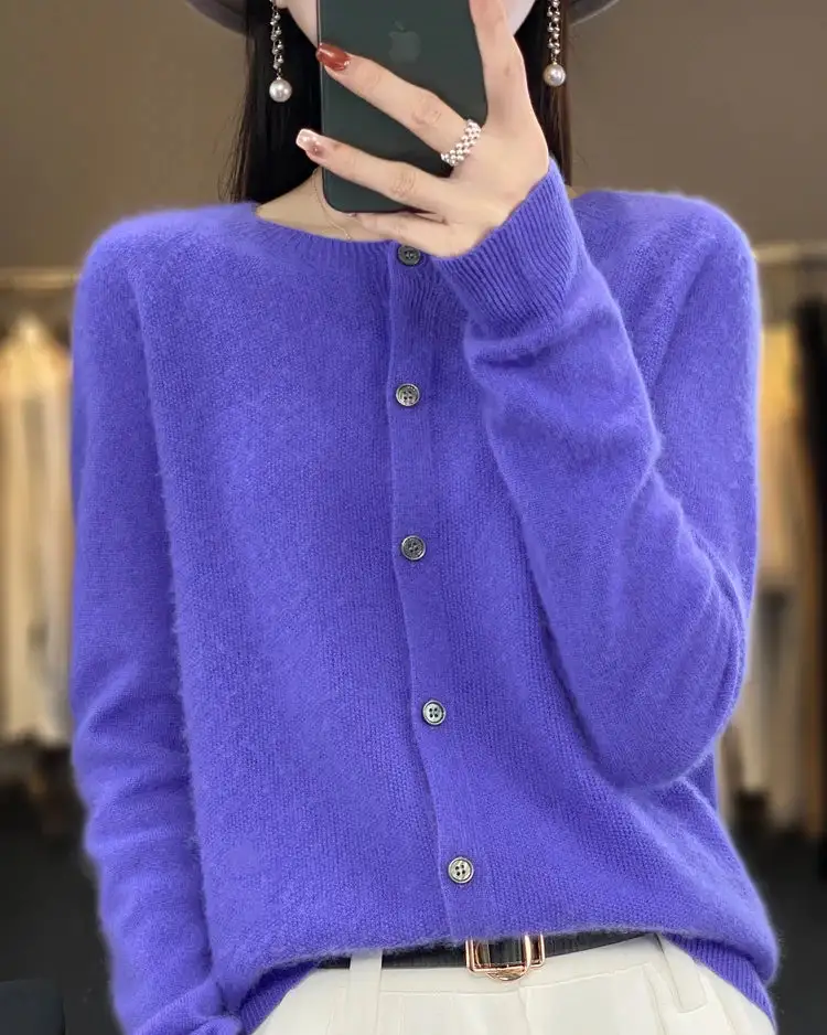 Refined Wool Button-Front Round-Neck Cardigan