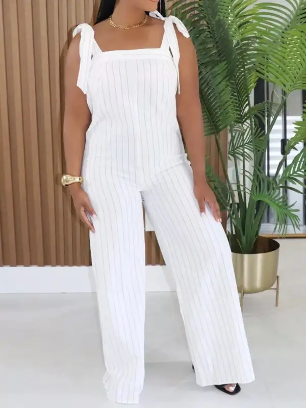Striped Tie Shoulder Wide Leg Jumpsuit