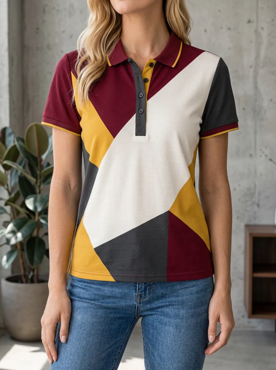 Women's Classic Geometric Colorblock Motif Polo Shirt