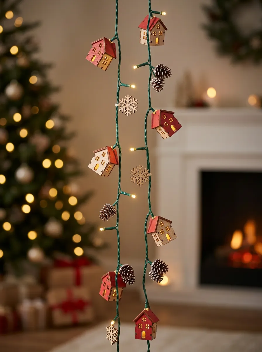 House Snowflake Pinecone Christmas LED String Lights