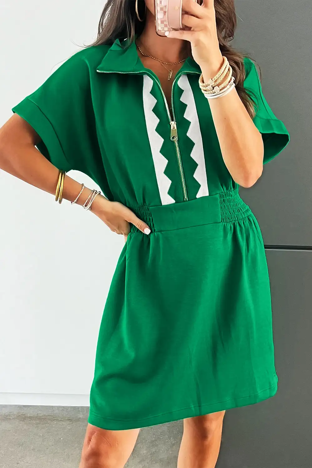 Zip Front Contrast Trim Mixed Panel Mini Dress