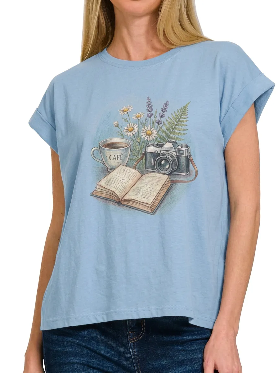 Women's Book Coffee Camera Flower Printed T-shirt