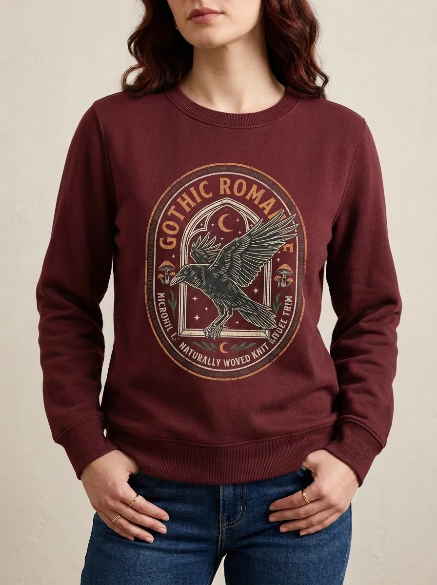 Women's Gothic Romance Raven Mushroom Moon Printed Sweatshirt