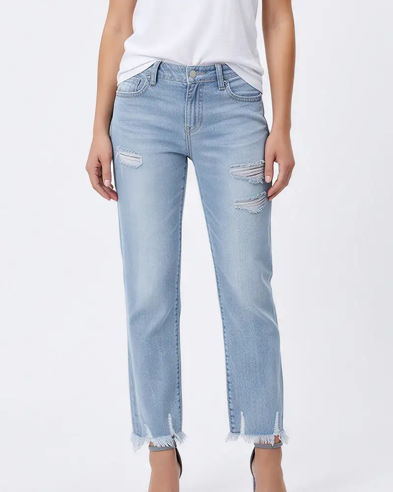 Distressed Cropped Raw-Hem Straight Jeans