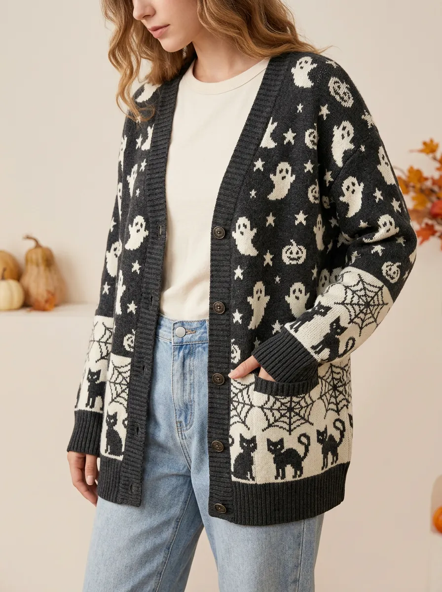 Women's Halloween Ghost Cat Pumpkin Spiderweb Patterned Cardigan