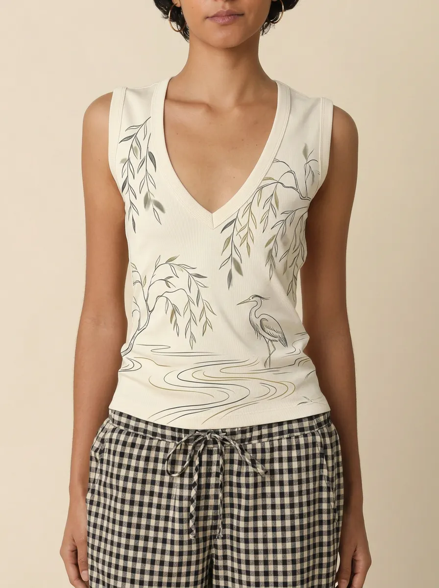 Women's Nature Lover Willow Tree Heron Printed Tank Top