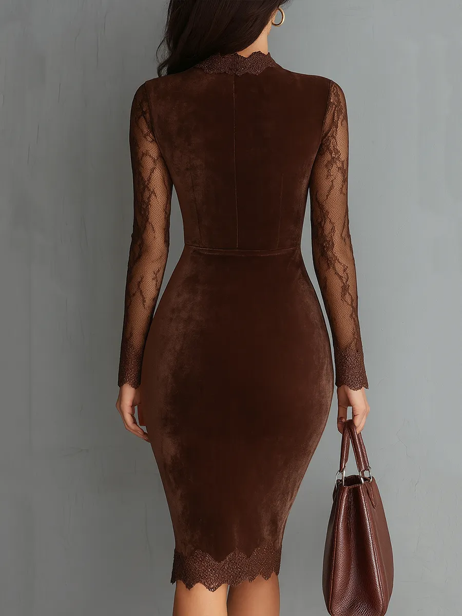 Vintage Keyhole Neck Lace Sleeves Velvet Mini Dress