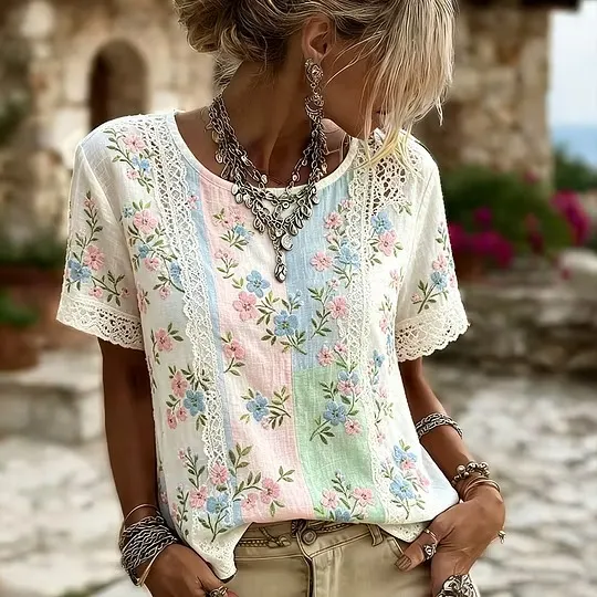 Vintage Cottageecore Flower Lace Patched Linen T-shirt