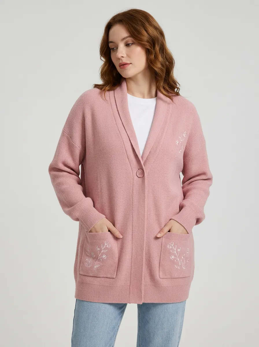 Women's Floral Embroidery Pink Ribbed Knit Cardigan