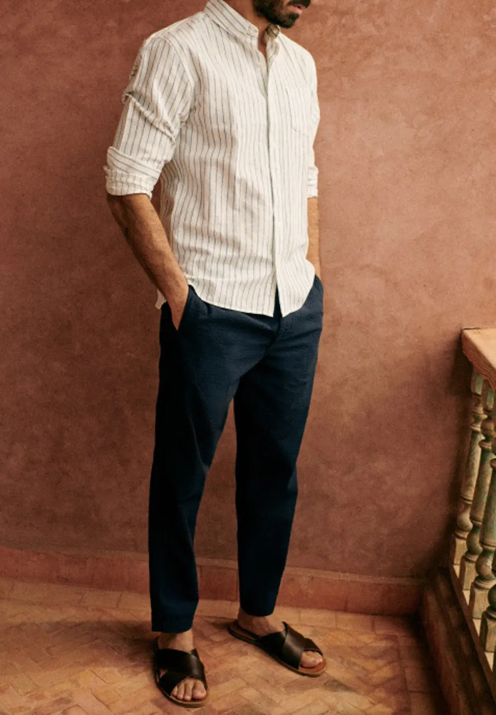 White Blue Stripe Cotton Linen Blend Button Down Shirt