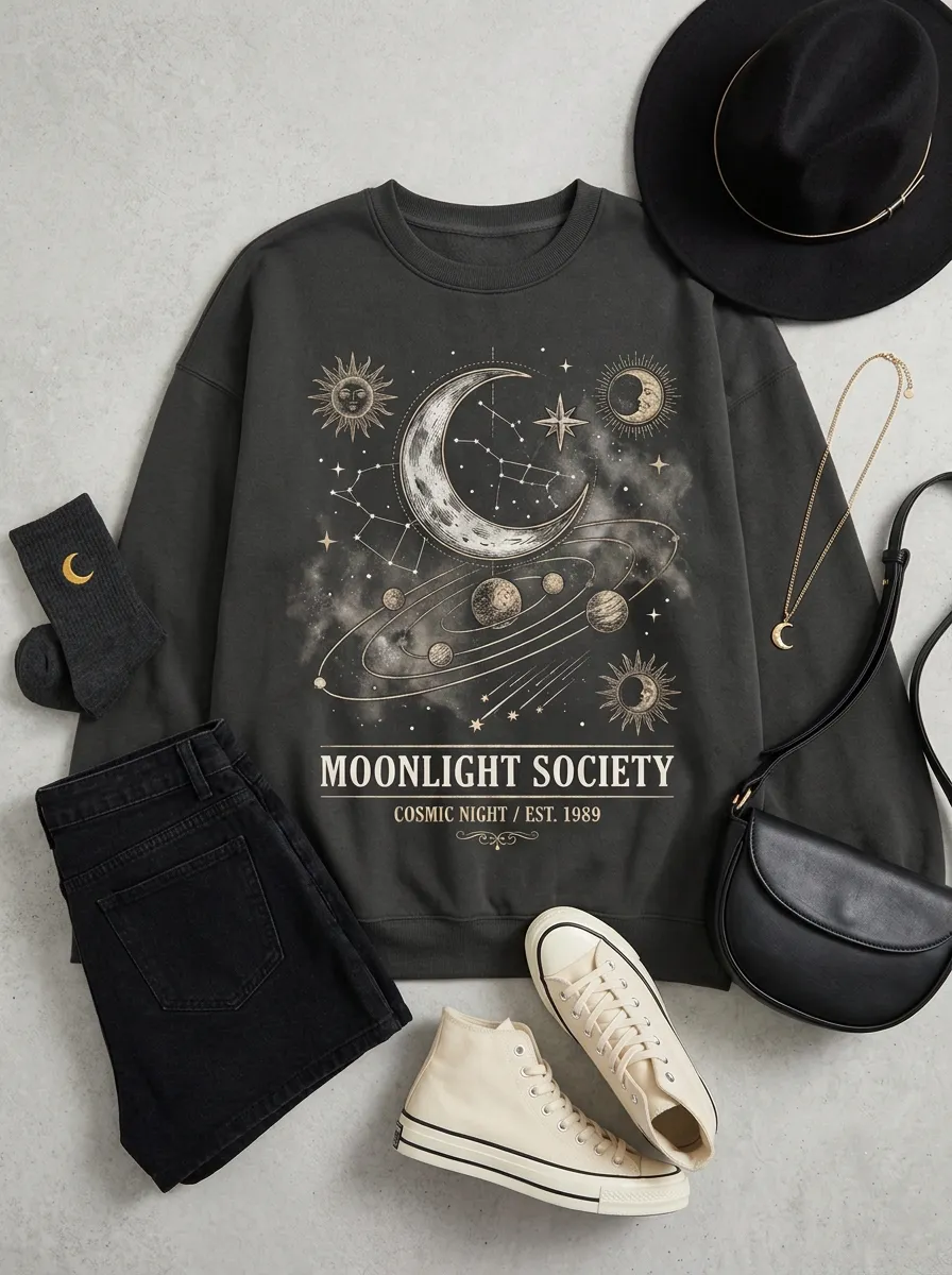 Women's Celestial Moon Sun Planets Moonlight Society Printed T-shirt