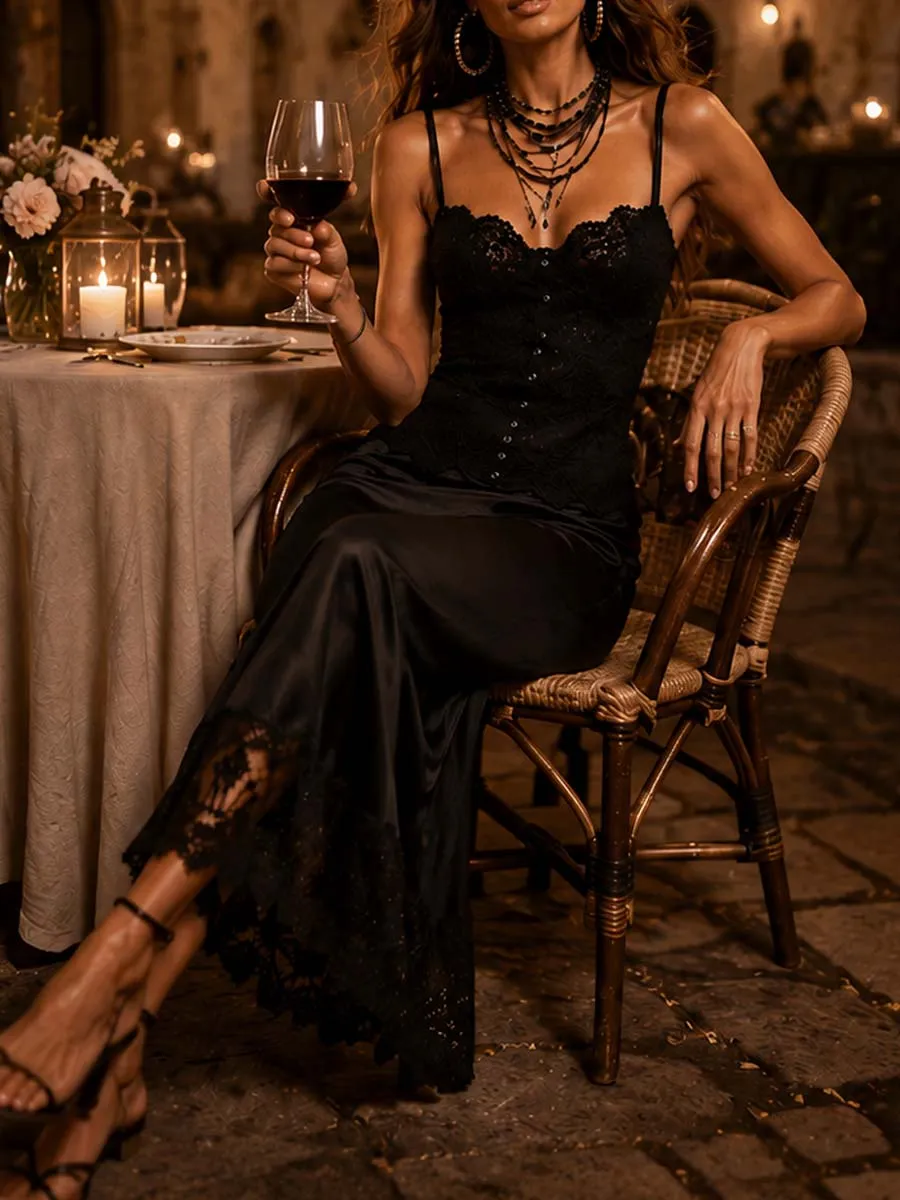 Vintage Lace Cami Spliced Satin Lace Hem Midi Dress