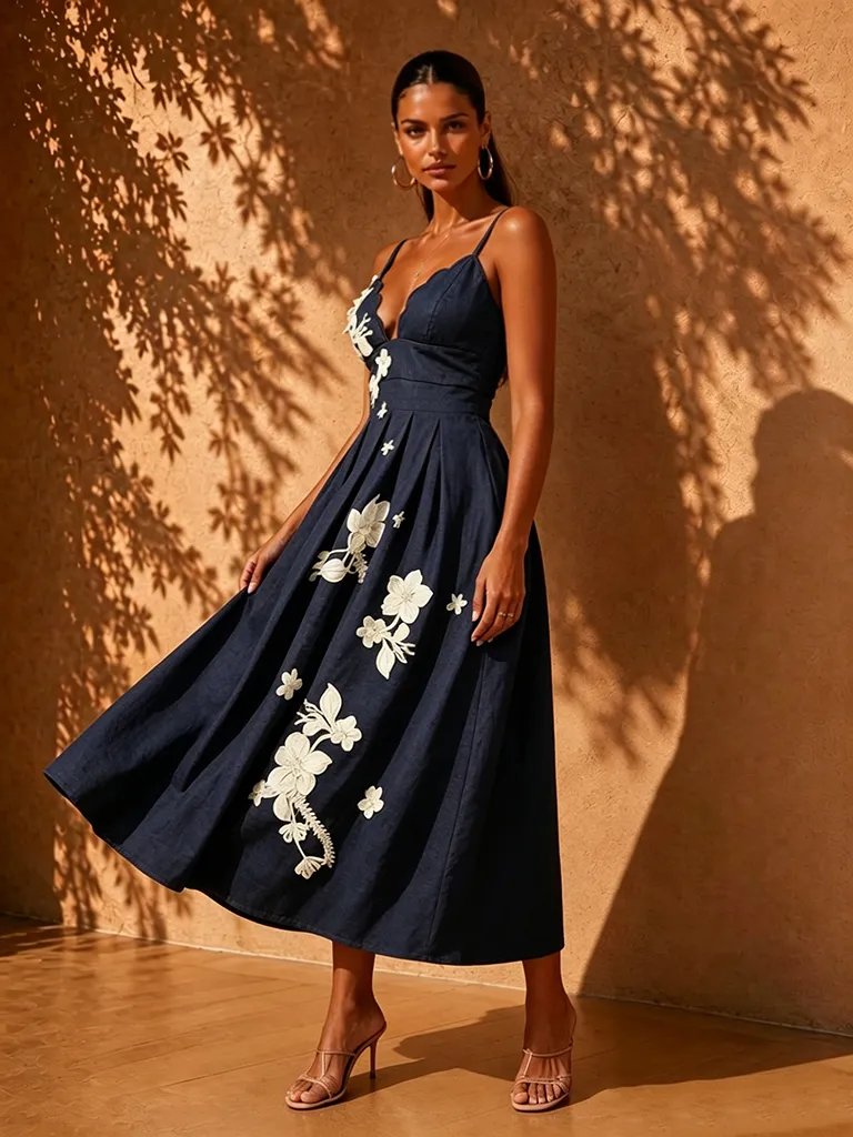 Noemi Blue Print Spaghetti Strap Midi Dress