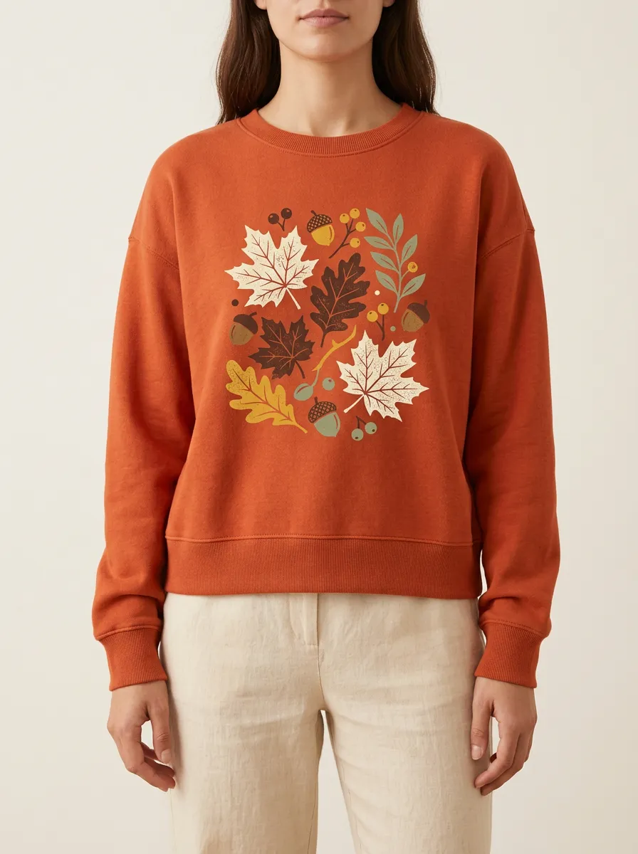 Simple Maple-Leaf Printed Acorn Graphic Sweatshirt