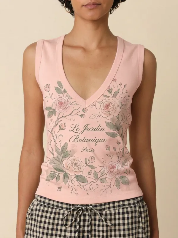 Women's Botanical Garden Lover Rose Floral Printed V-neck Tank Top