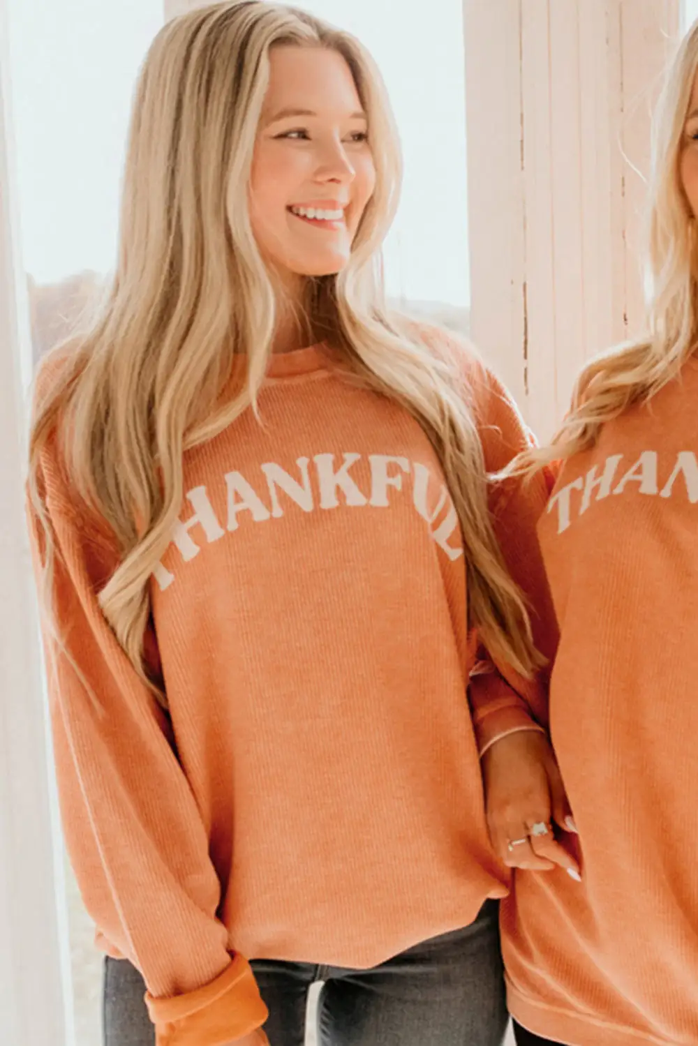 THANKFUL Letter Graphic Corded Sweatshirt
